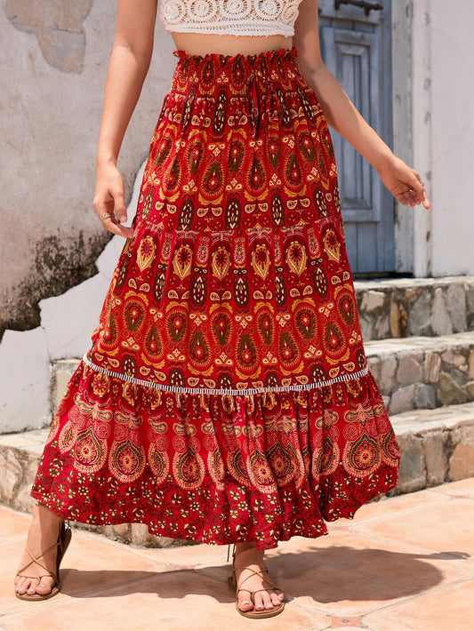 Bohemian Ethnic Print Maxi Skirt in Red - by Malbusaat