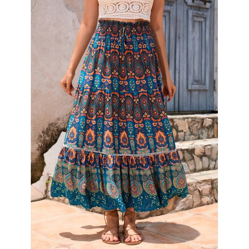 Bohemian Ethnic Print Maxi Skirt in Blue - by Malbusaat