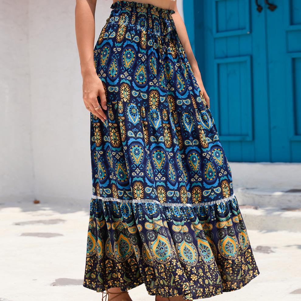 Bohemian Ethnic Print Maxi Skirt in Navy Blue - by Malbusaat