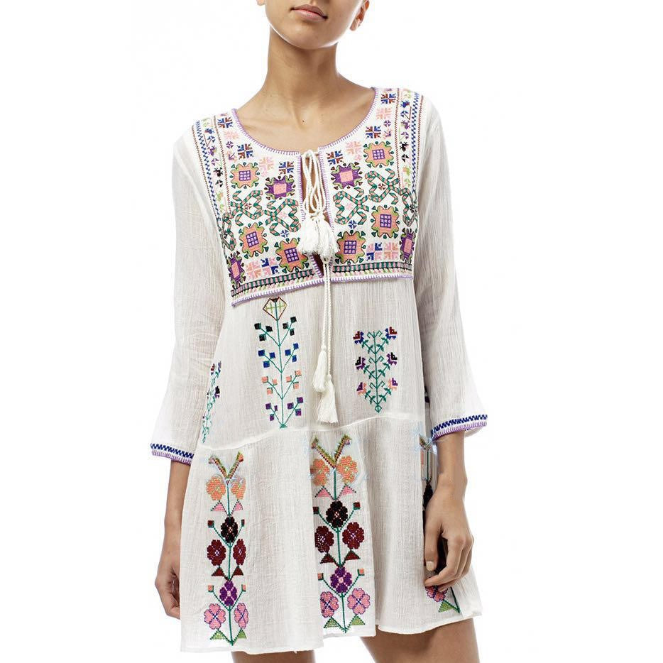 Bohemian Flower Embroidery Temperament Dress in White - by Malbusaat