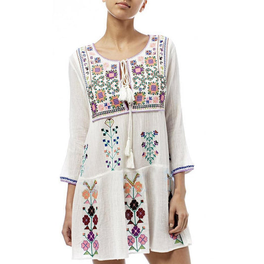 Bohemian Flower Embroidery Temperament Dress in White - by Malbusaat