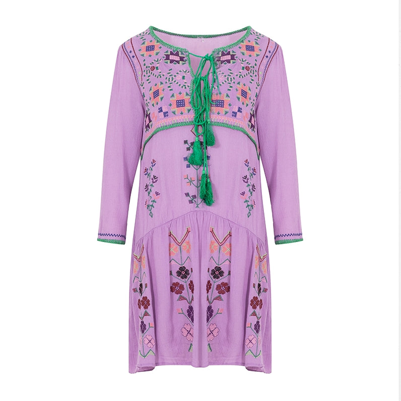 Bohemian Flower Embroidery Temperament Dress in Purple - by Malbusaat