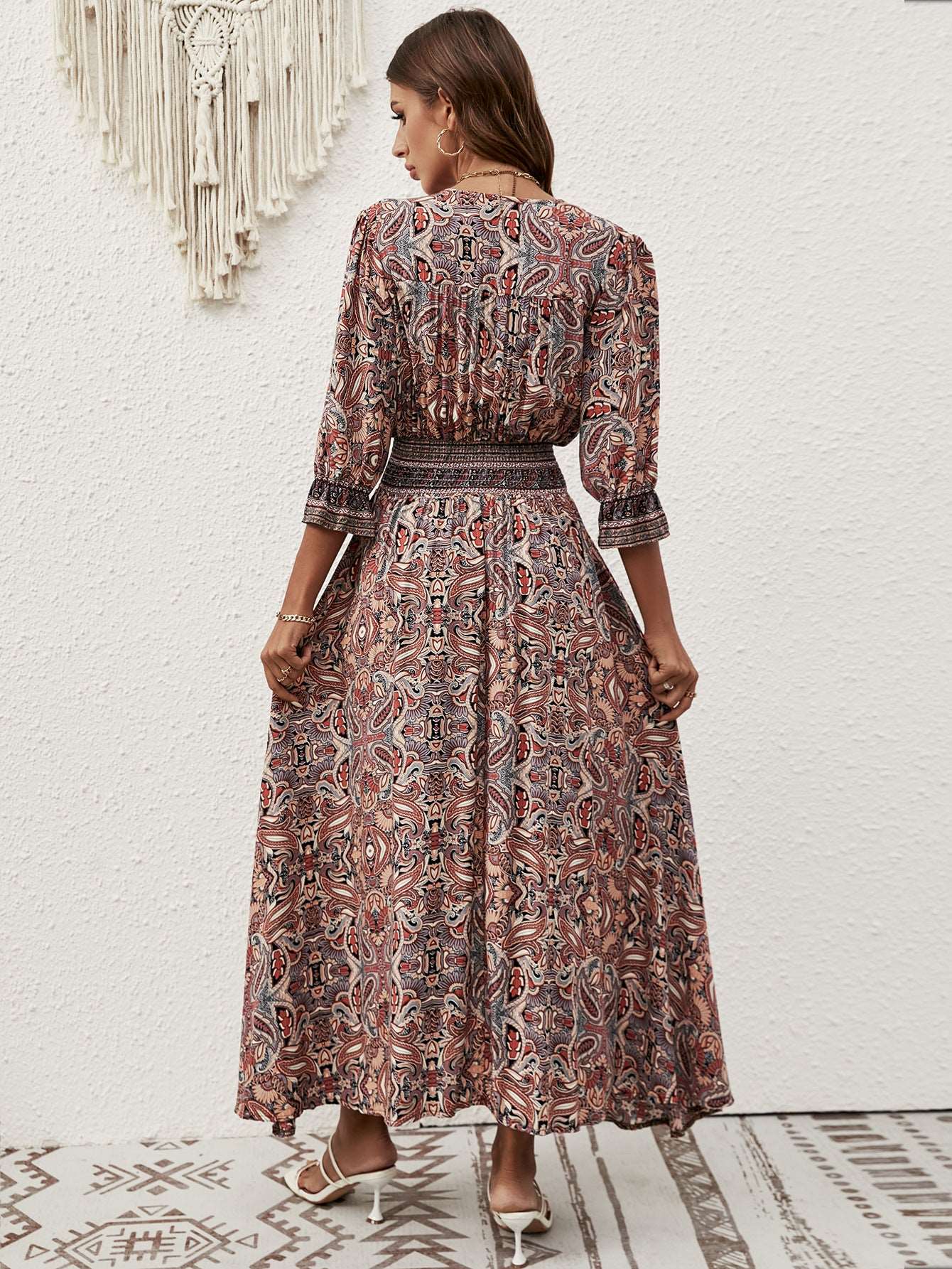 Bohemian Paisley Rayon Lantern Sleeves Maxi Dress in - by Malbusaat