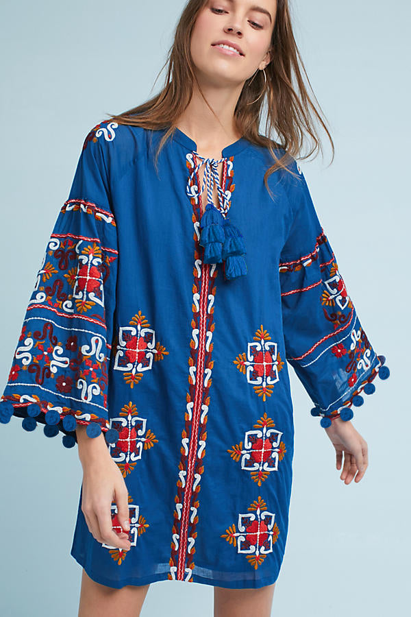 Boho Floral Embroidered Loose Dress with Fringe Trim in - by Malbusaat
