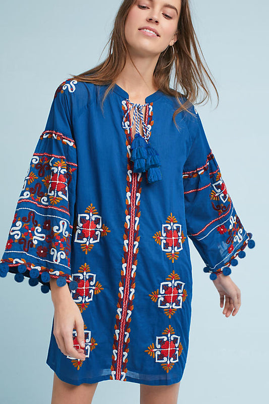 Boho Floral Embroidered Loose Dress with Fringe Trim in - by Malbusaat