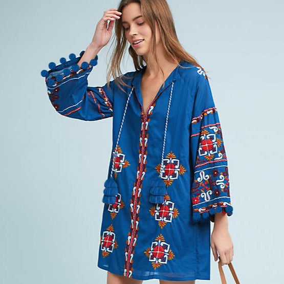 Boho Floral Embroidered Loose Dress with Fringe Trim in - by Malbusaat