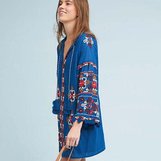 Boho Floral Embroidered Loose Dress with Fringe Trim in - by Malbusaat