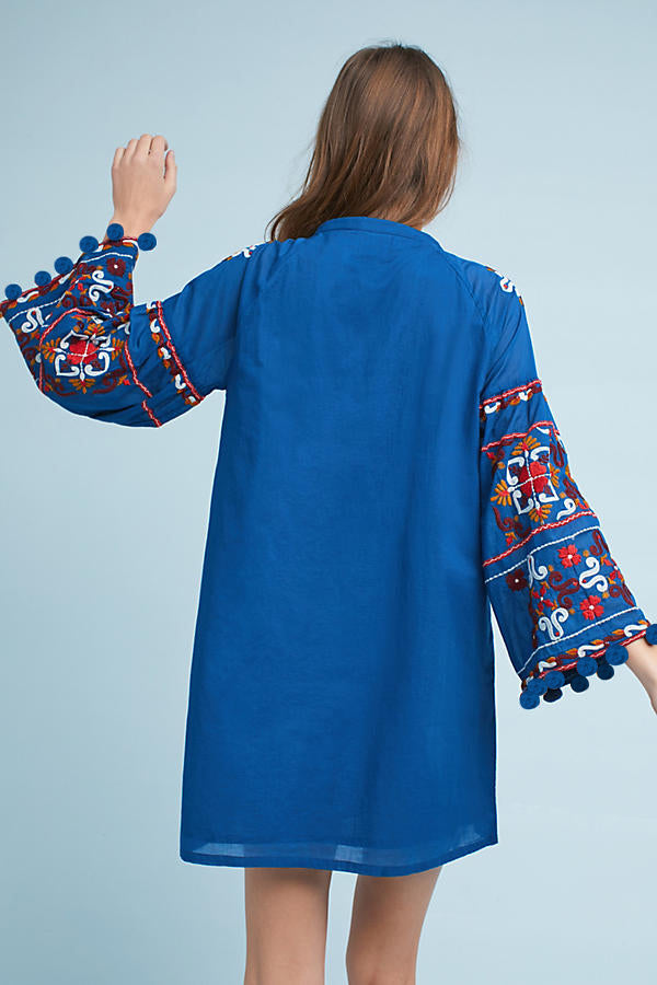 Boho Floral Embroidered Loose Dress with Fringe Trim in - by Malbusaat