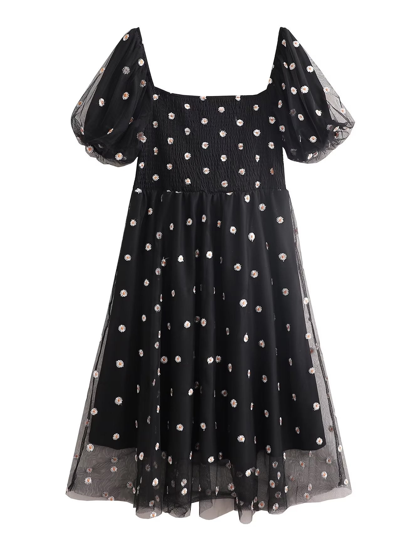 Boho Square Neck Black Polka Midi Dress in Black - by Malbusaat