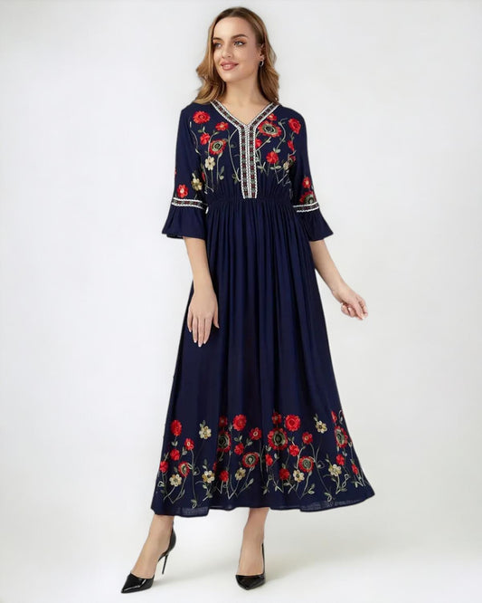 Boho V Neck Ruched Floral Maxi in - Maxi Dress by Malbusaat
