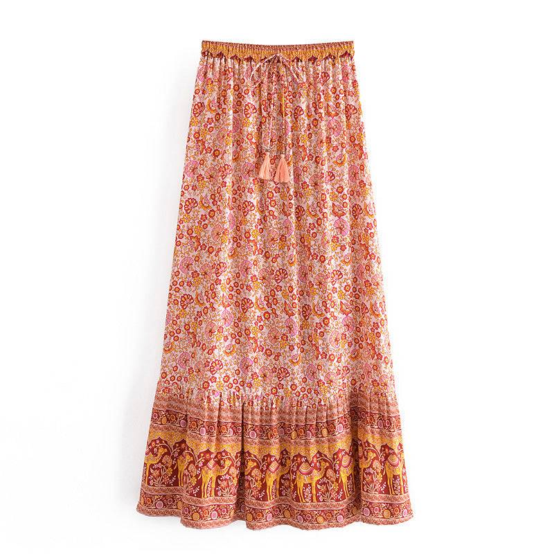 Boho Vacation Floral Maxi Skirt with Tassel Tie in Orange - Skirts by Malbusaat