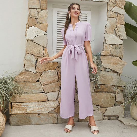 Casual Collared Short Sleeve Wide Leg Jumpsuit in - by Malbusaat