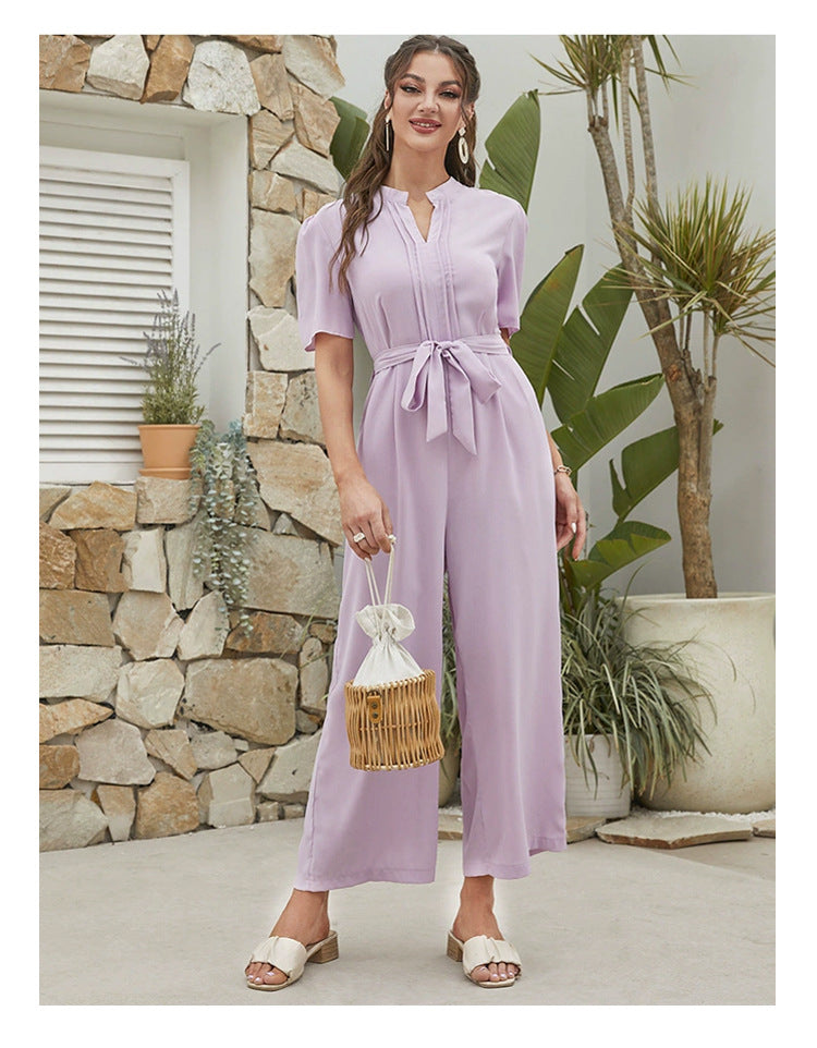 Casual Collared Short Sleeve Wide Leg Jumpsuit in - by Malbusaat