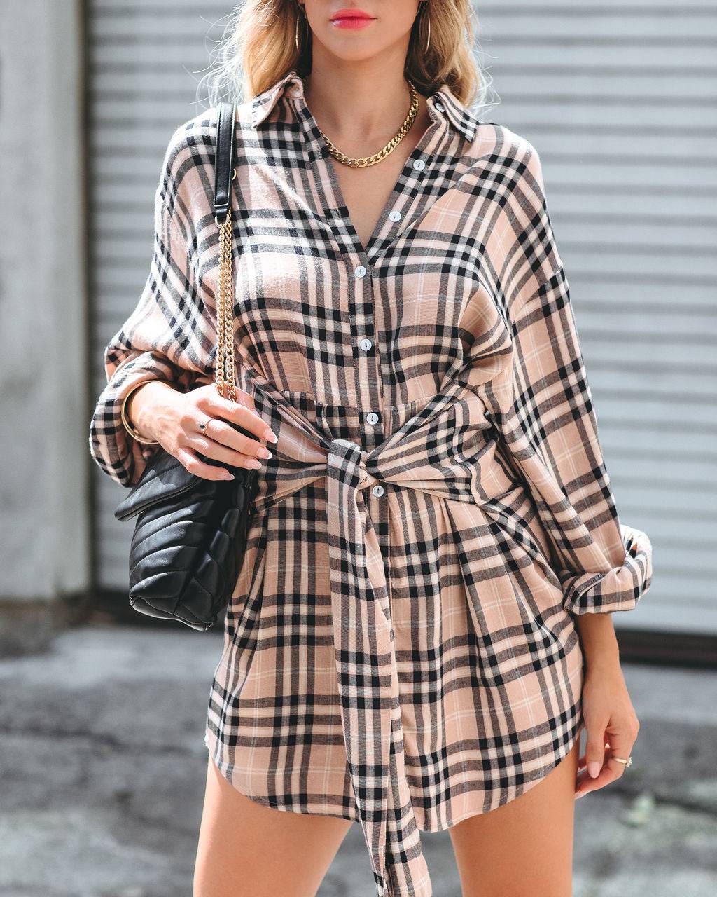 Check Pattern Tie Up Shirt Dress in - by Malbusaat