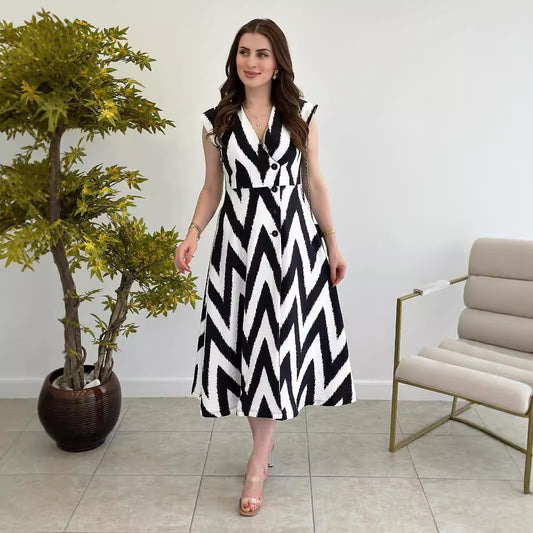 Chevron Print Half Cardigan Midi Dress in - by Malbusaat