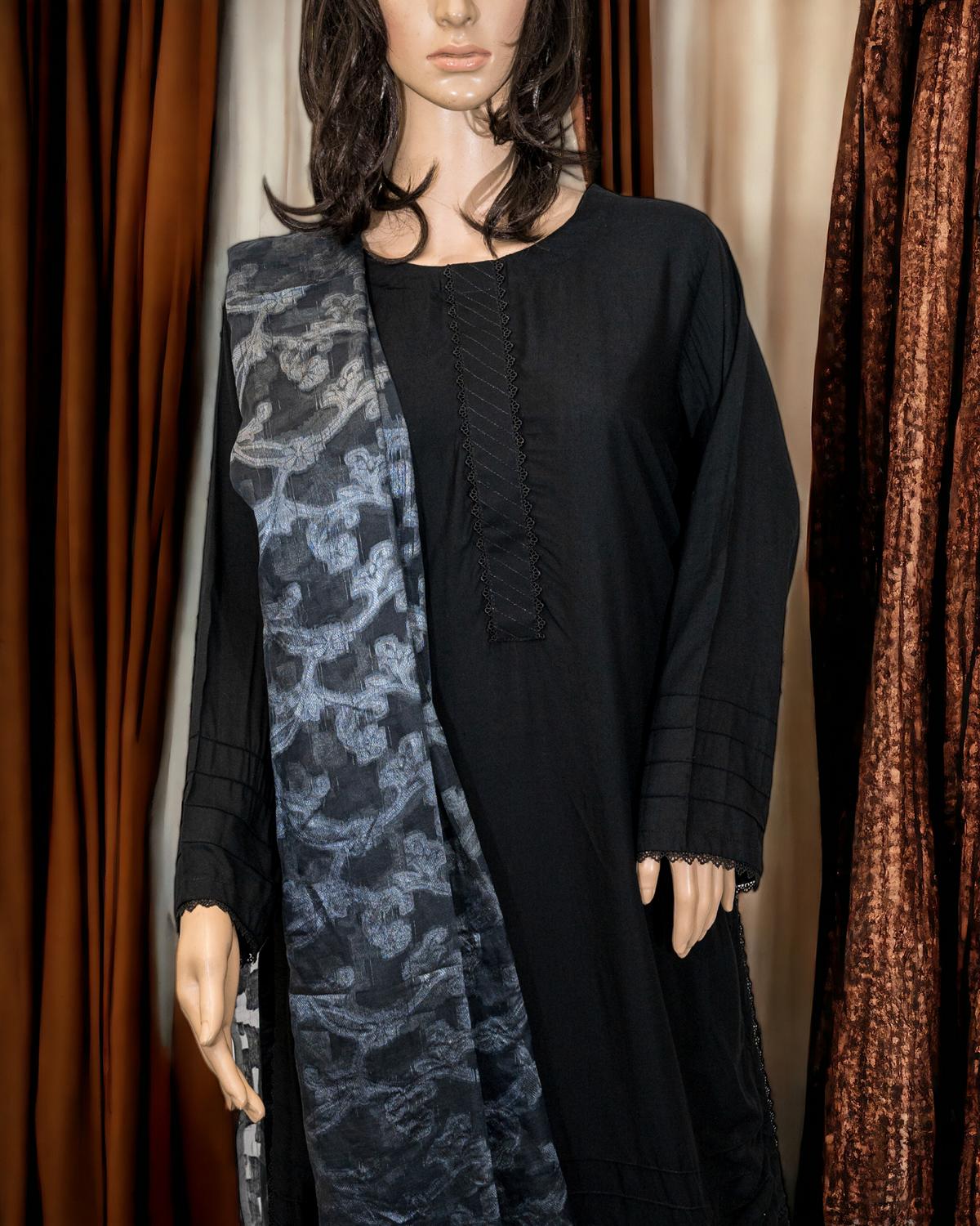 Classic Black With Printed Dupatta in - Pakistani Dress by Malbusaat