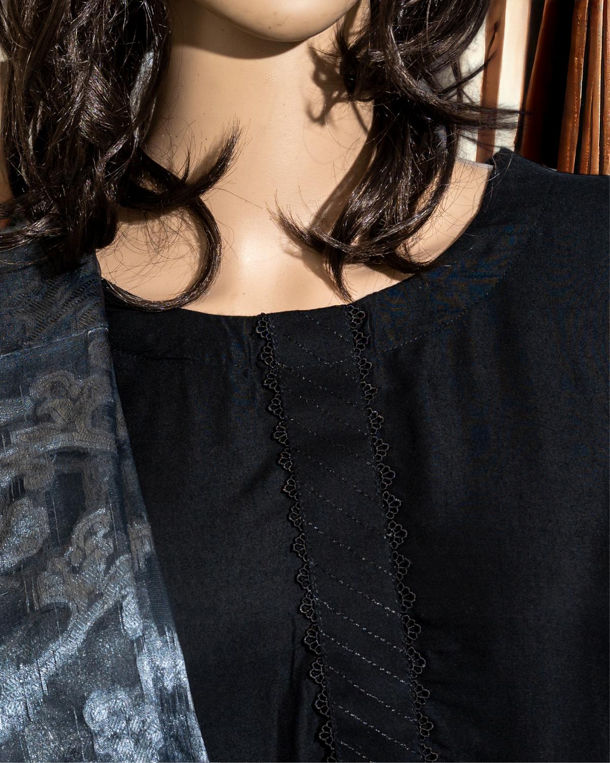 Classic Black With Printed Dupatta in - Pakistani Dress by Malbusaat