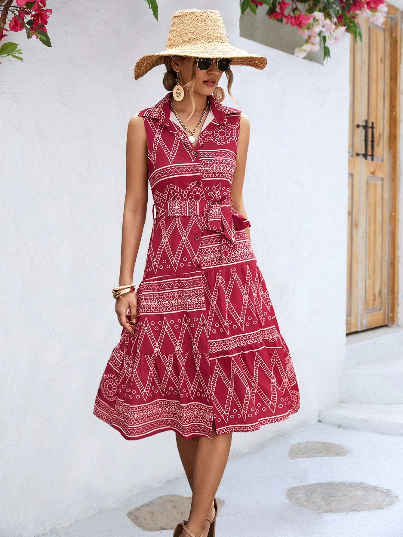Collar Shirt Sleeveless Maxi Dress in Red - by Malbusaat