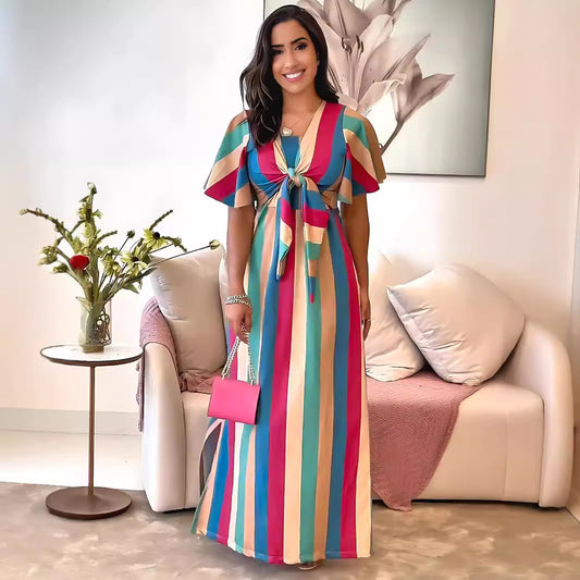 Color Block Faux Two-Piece Lace-Up Maxi Dress in - by Malbusaat