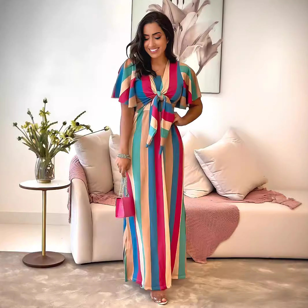 Color Block Faux Two-Piece Lace-Up Maxi Dress in - by Malbusaat