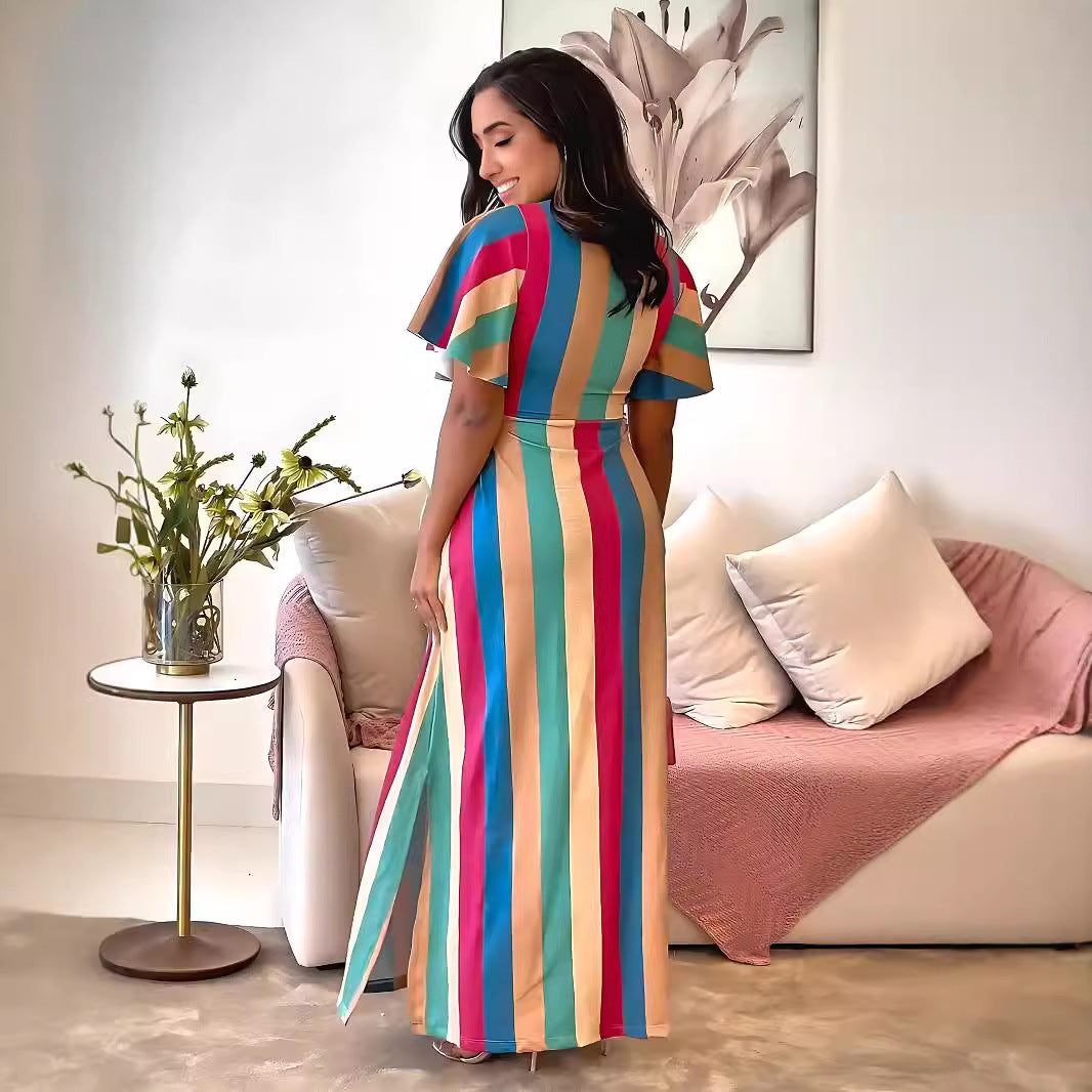 Color Block Faux Two-Piece Lace-Up Maxi Dress in - by Malbusaat