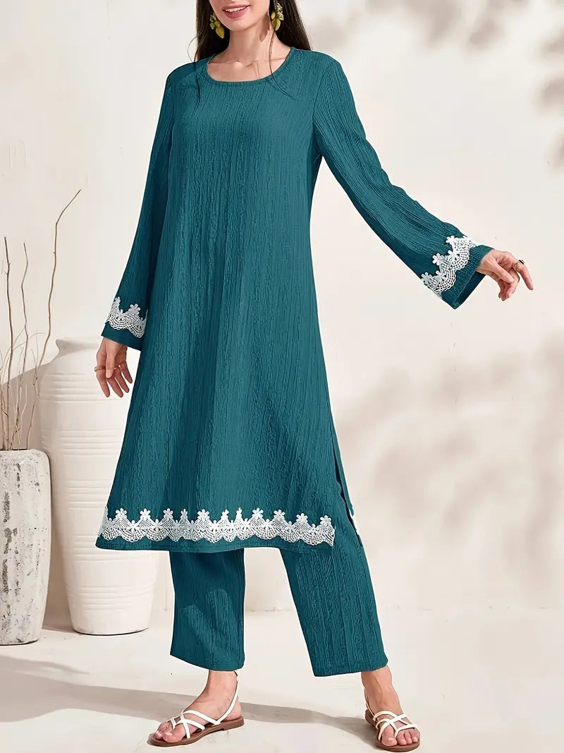 Contrast Lace Top and Loose Pants Set in - by Malbusaat