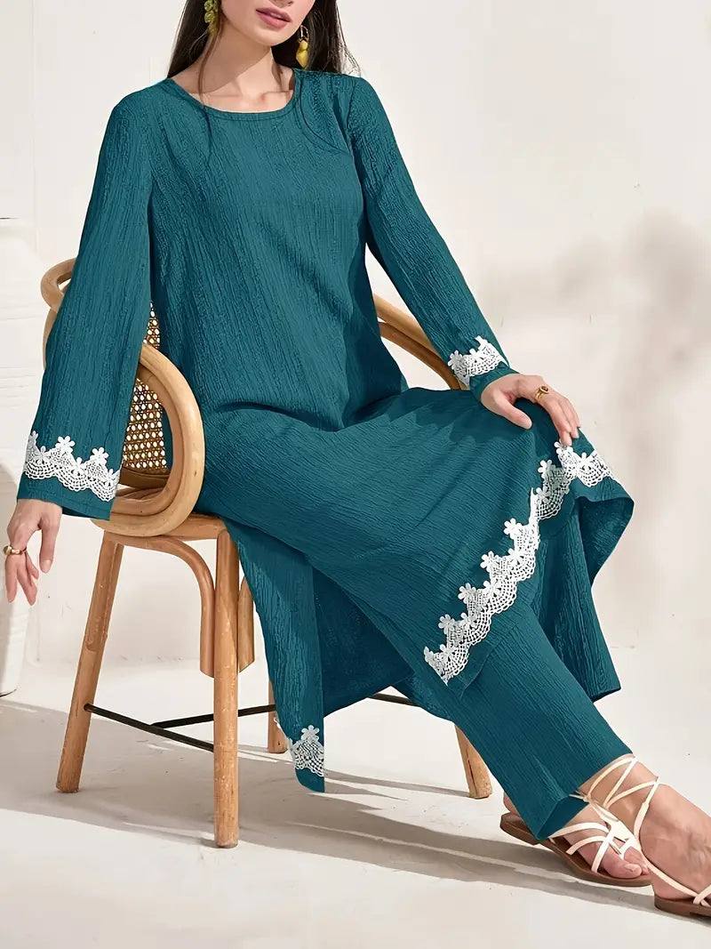 Contrast Lace Top and Loose Pants Set in - by Malbusaat