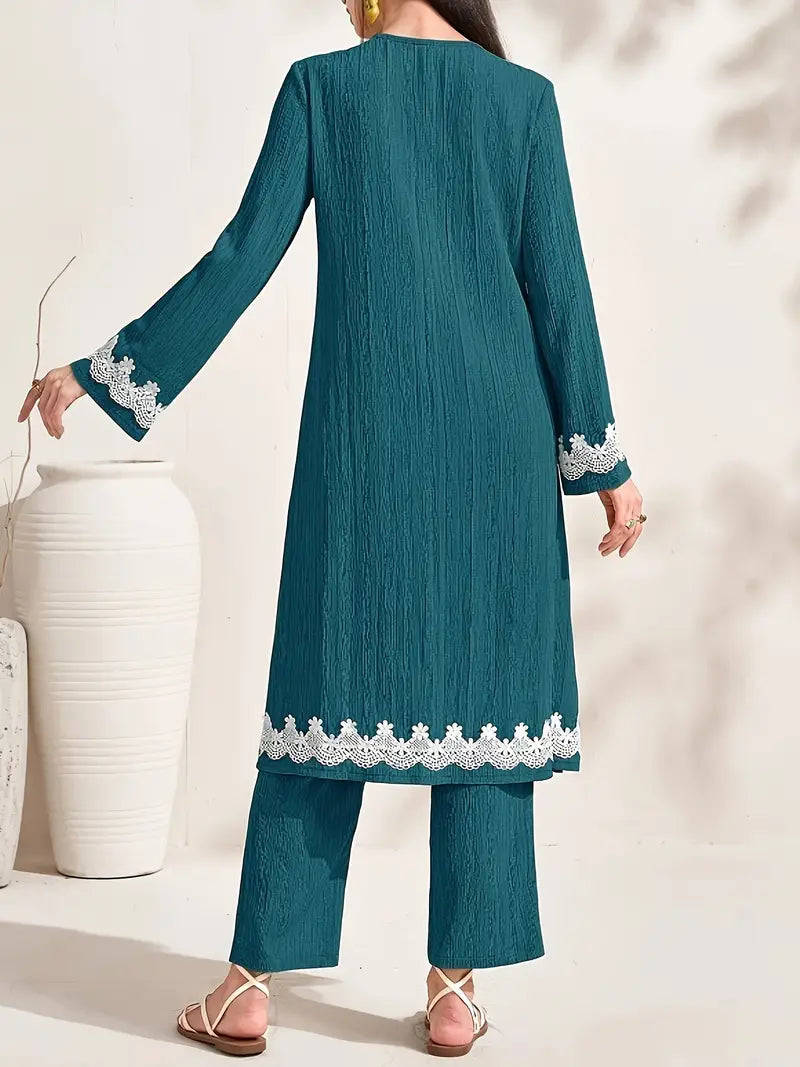 Contrast Lace Top and Loose Pants Set in - by Malbusaat