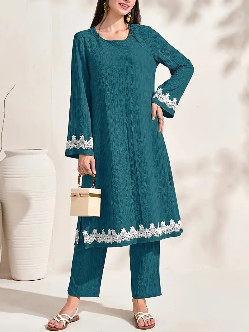Contrast Lace Top and Loose Pants Set in - by Malbusaat