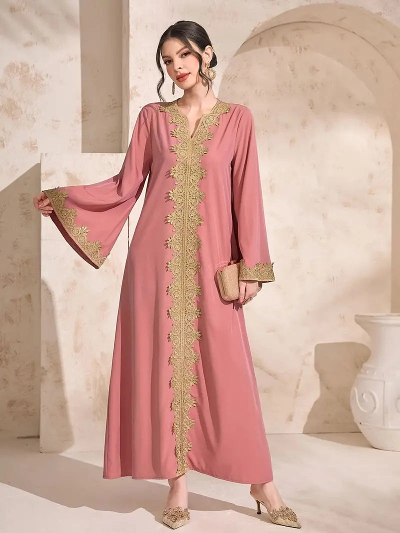Contrast Trim Notched Neck Kaftan Dress in - by Malbusaat