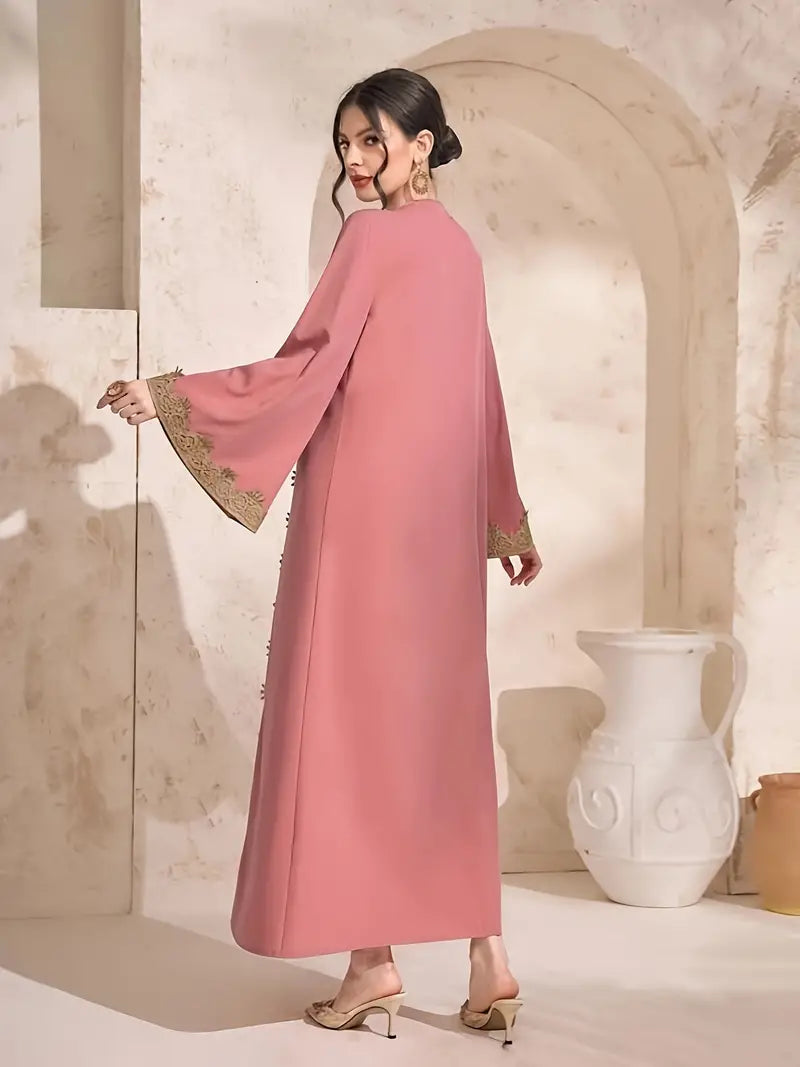 Contrast Trim Notched Neck Kaftan Dress in - by Malbusaat
