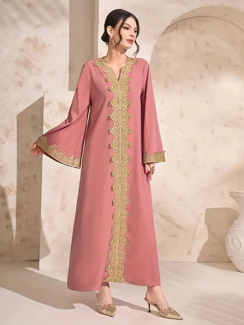 Contrast Trim Notched Neck Kaftan Dress in - by Malbusaat