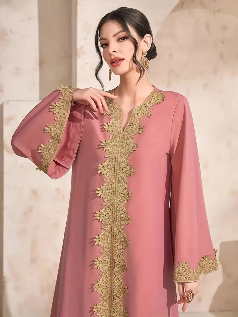 Contrast Trim Notched Neck Kaftan Dress in - by Malbusaat
