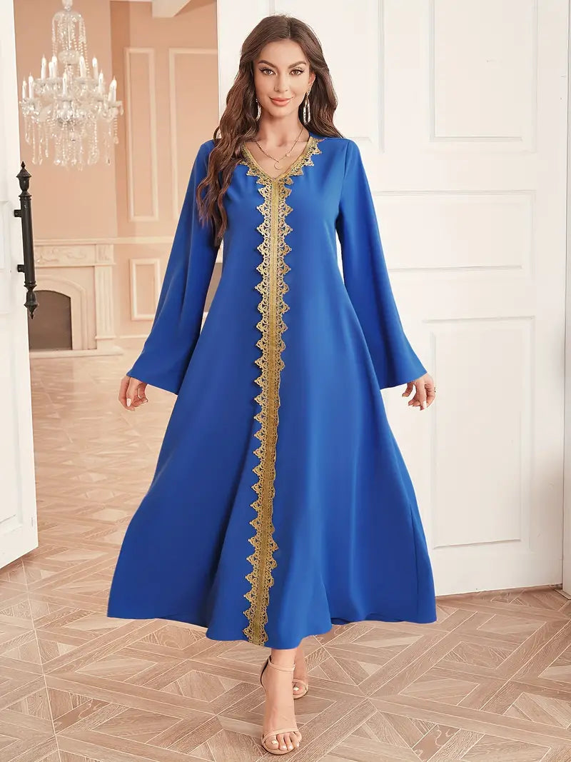 Contrast Trim V-Neck Loose Long Maxi in - by Malbusaat