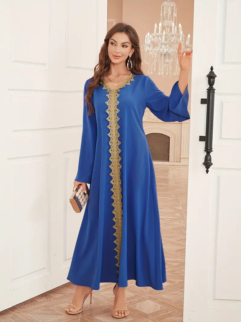 Contrast Trim V-Neck Loose Long Maxi in - by Malbusaat