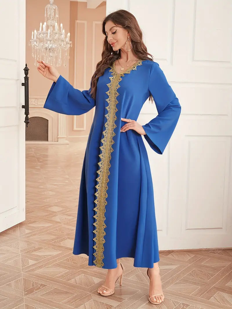 Contrast Trim V-Neck Loose Long Maxi in - by Malbusaat