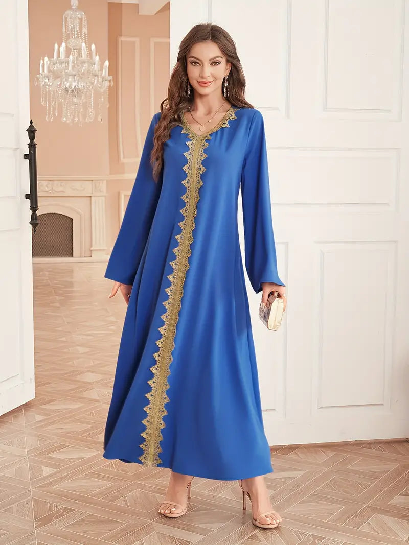 Contrast Trim V-Neck Loose Long Maxi in - by Malbusaat