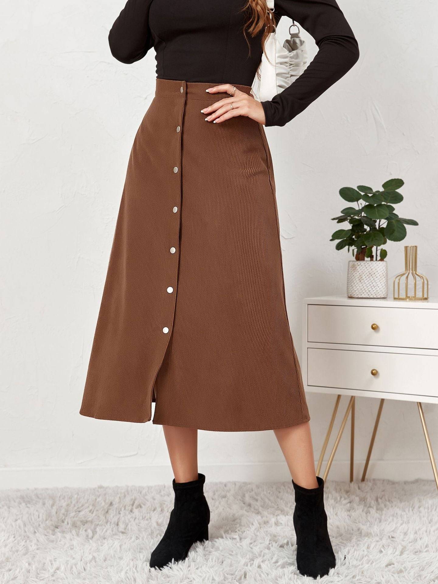 Corduroy Single Breasted Maxi Skirt in - by Malbusaat