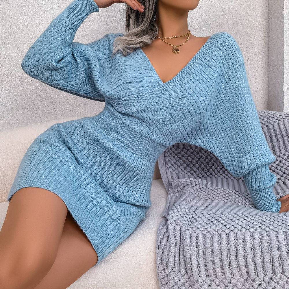 Cross V-Neck Spring Sheath Skirt in Blue - by Malbusaat