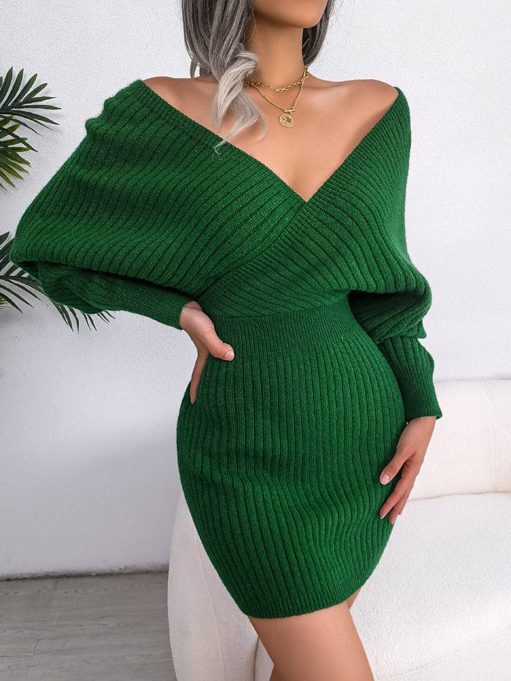 Cross V-Neck Spring Sheath Skirt in Green - by Malbusaat