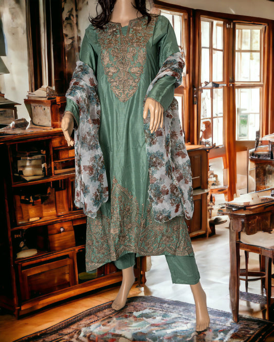 EMBROIDERED LINEN DRESS WITH ORGANZA DUPATTA in - Pakistani Dress by Malbusaat