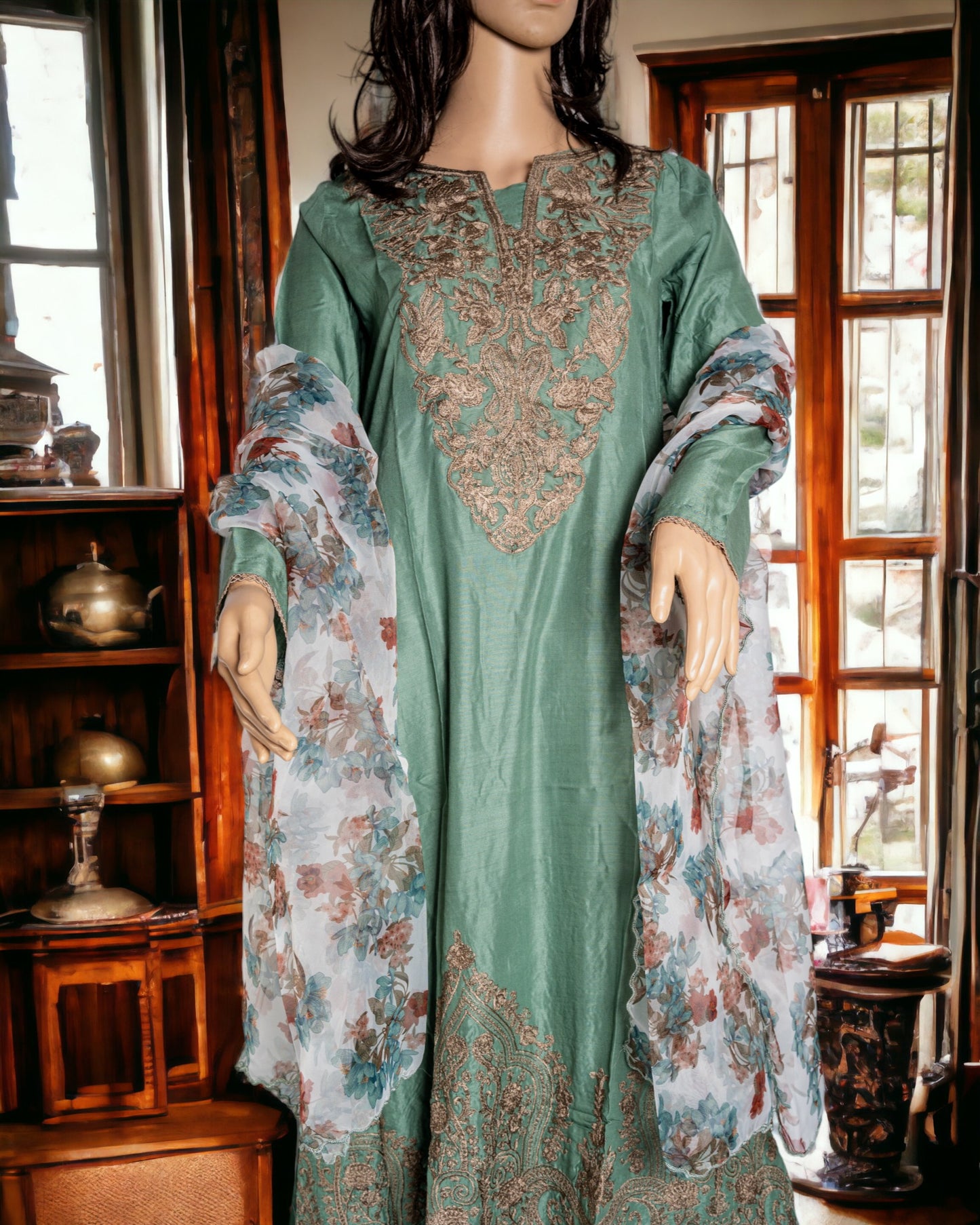 EMBROIDERED LINEN DRESS WITH ORGANZA DUPATTA in - Pakistani Dress by Malbusaat