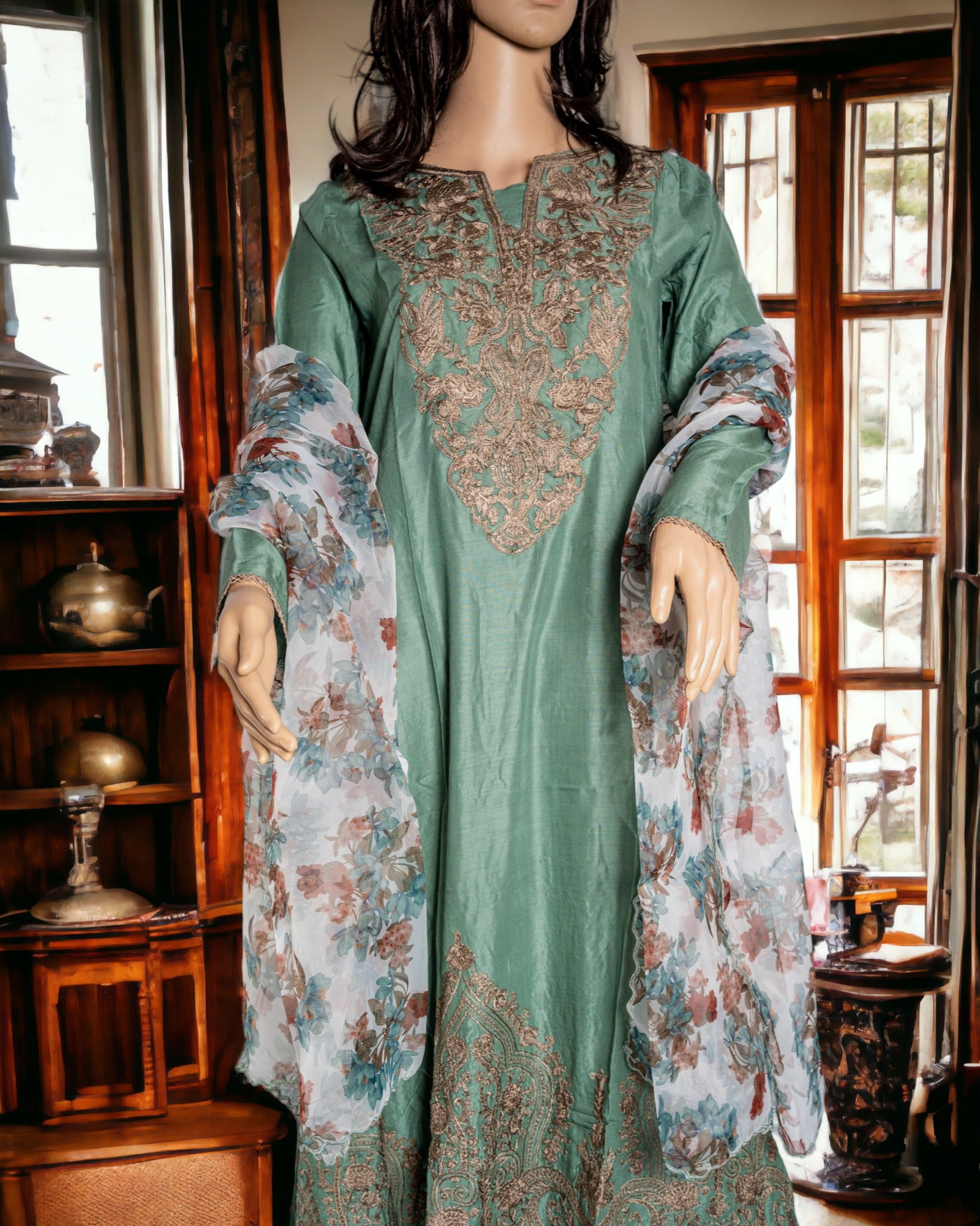 EMBROIDERED LINEN DRESS WITH ORGANZA DUPATTA in - Pakistani Dress by Malbusaat