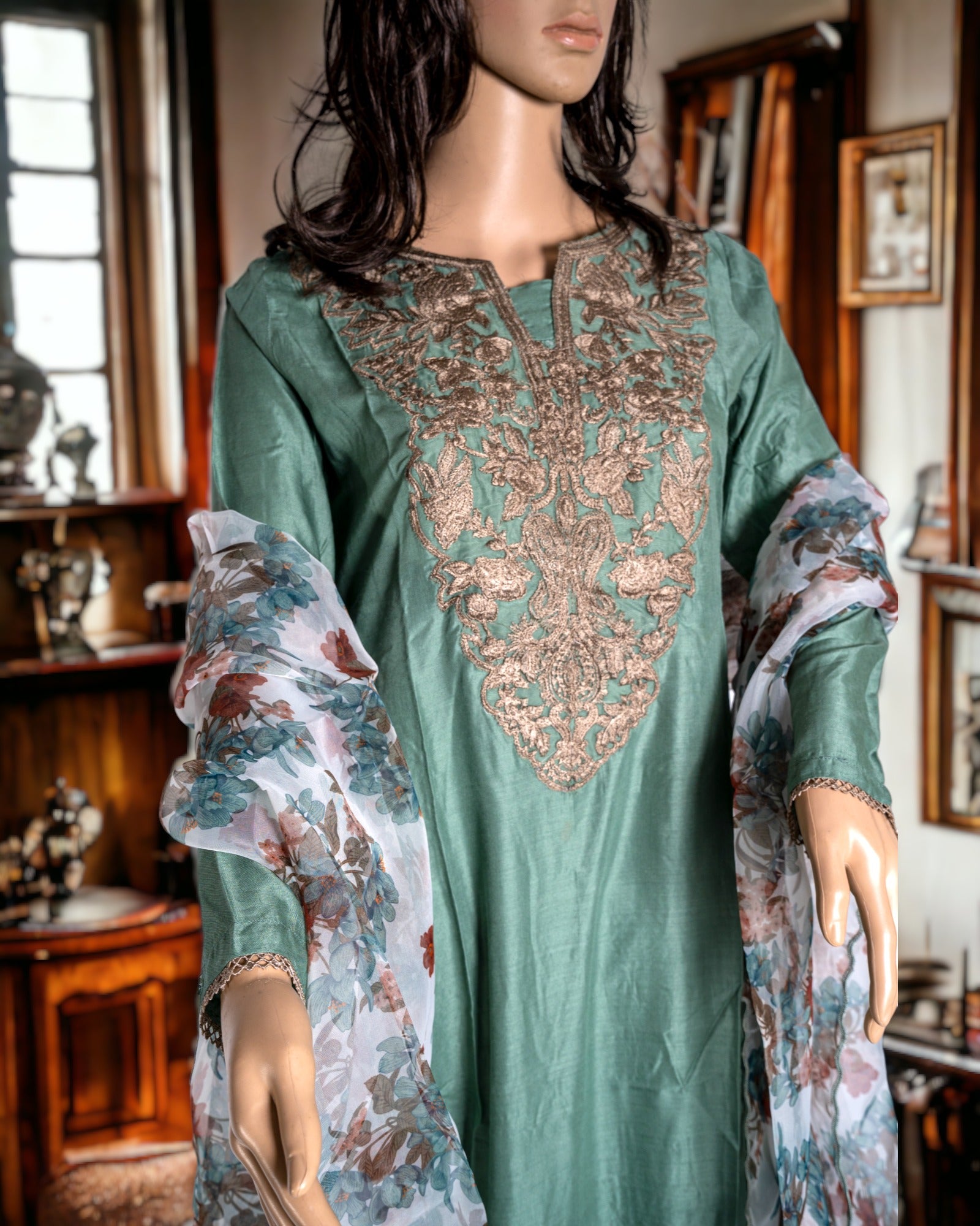 EMBROIDERED LINEN DRESS WITH ORGANZA DUPATTA in - Pakistani Dress by Malbusaat