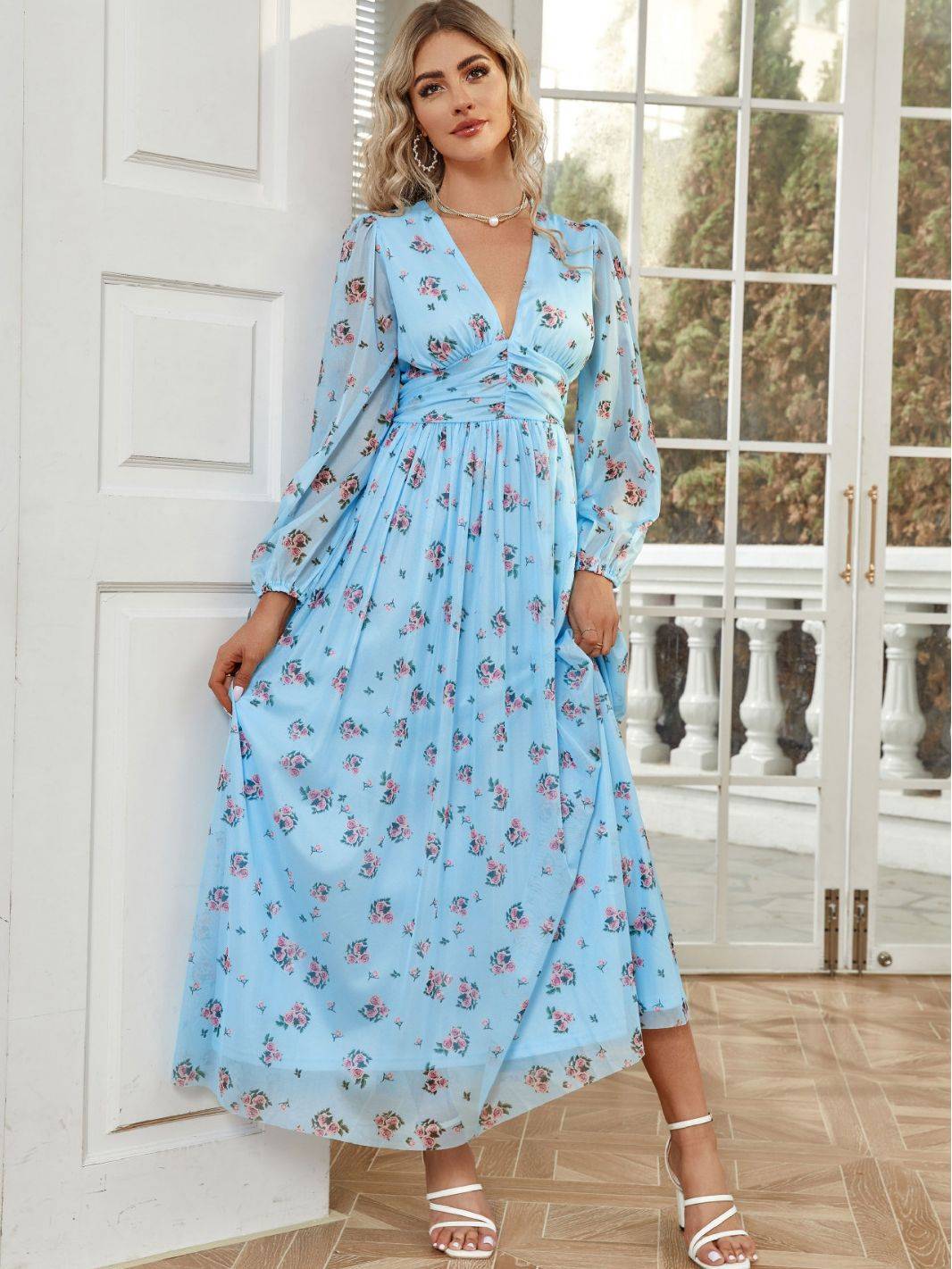 Elegant Autumn High Waist V-Neck Maxi in - by Malbusaat