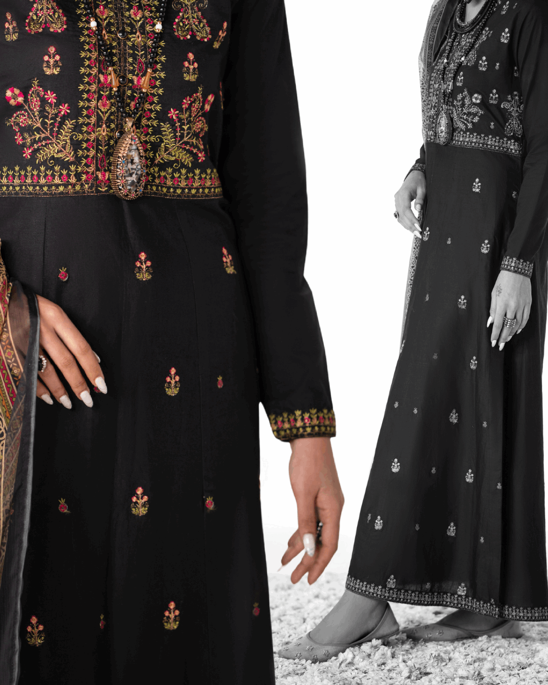 Elegant Black Traditional Suit with Floral Detailing in - Pakistani Dresses by Malbusaat