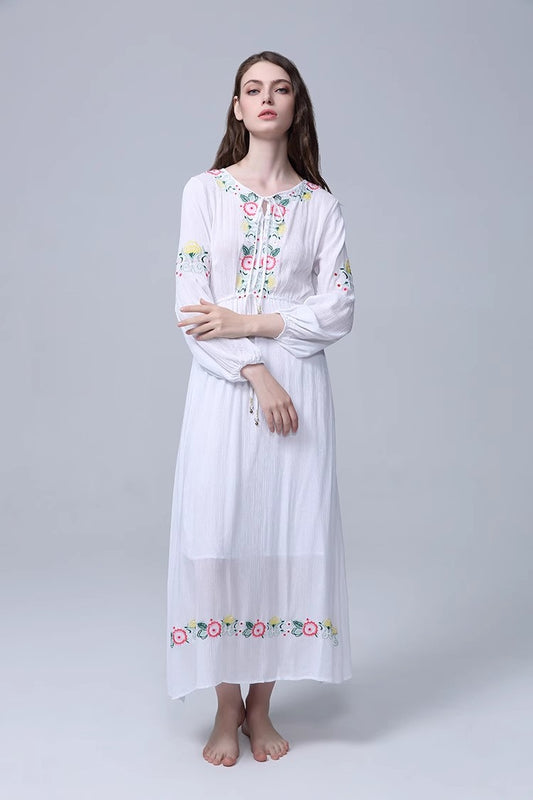 Elegant Bohemian Embroidered Flower Maxi Dress in - by Malbusaat