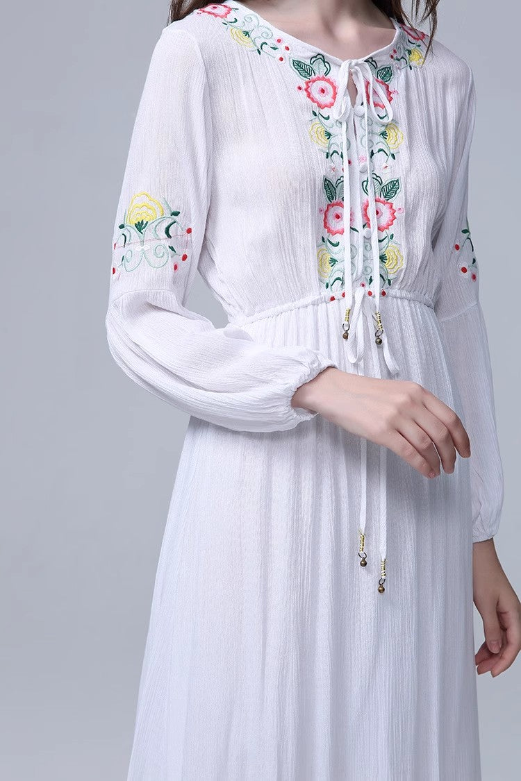 Elegant Bohemian Embroidered Flower Maxi Dress in - by Malbusaat