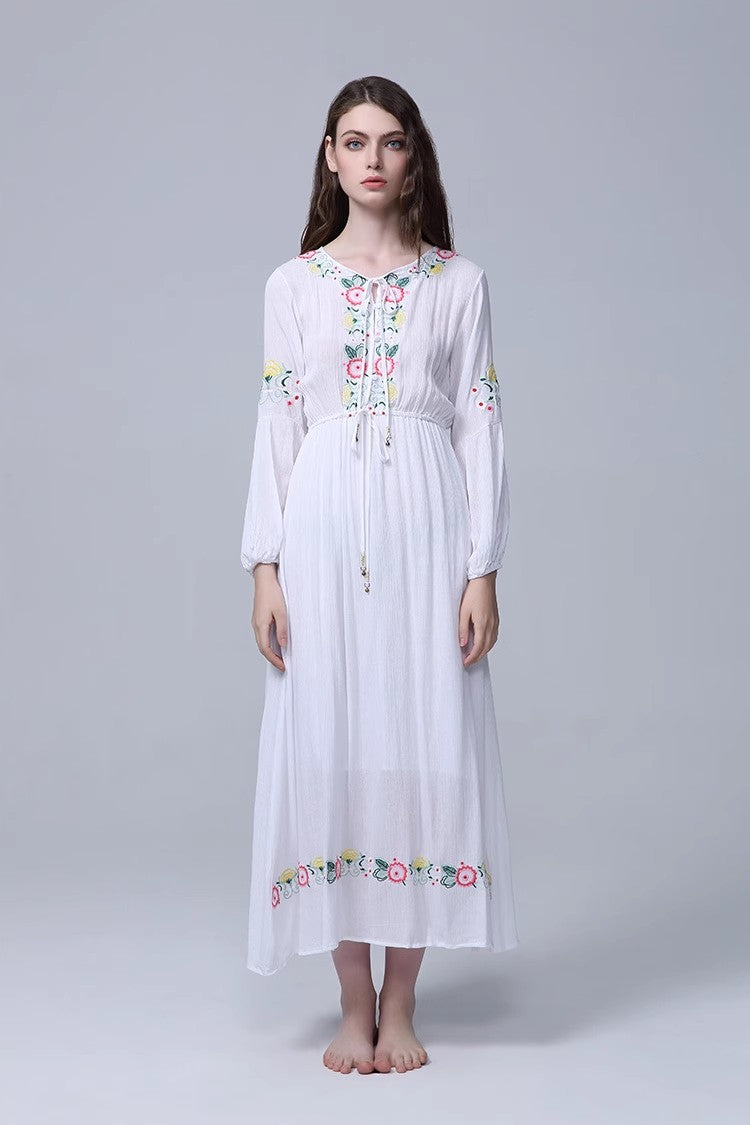 Elegant Bohemian Embroidered Flower Maxi Dress in - by Malbusaat