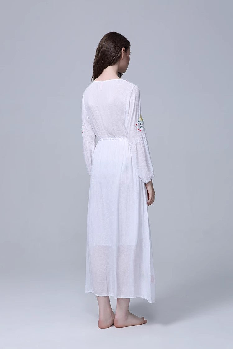 Elegant Bohemian Embroidered Flower Maxi Dress in - by Malbusaat